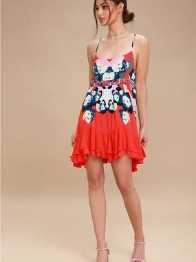 Free People Intimately Sweet Lucy Coral Red Print Slip- Size M